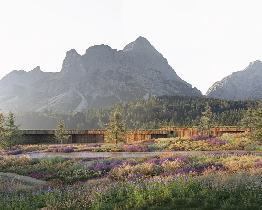 Architectural visualisation: elongated wooden building in a wildflower meadow under alpine peaks