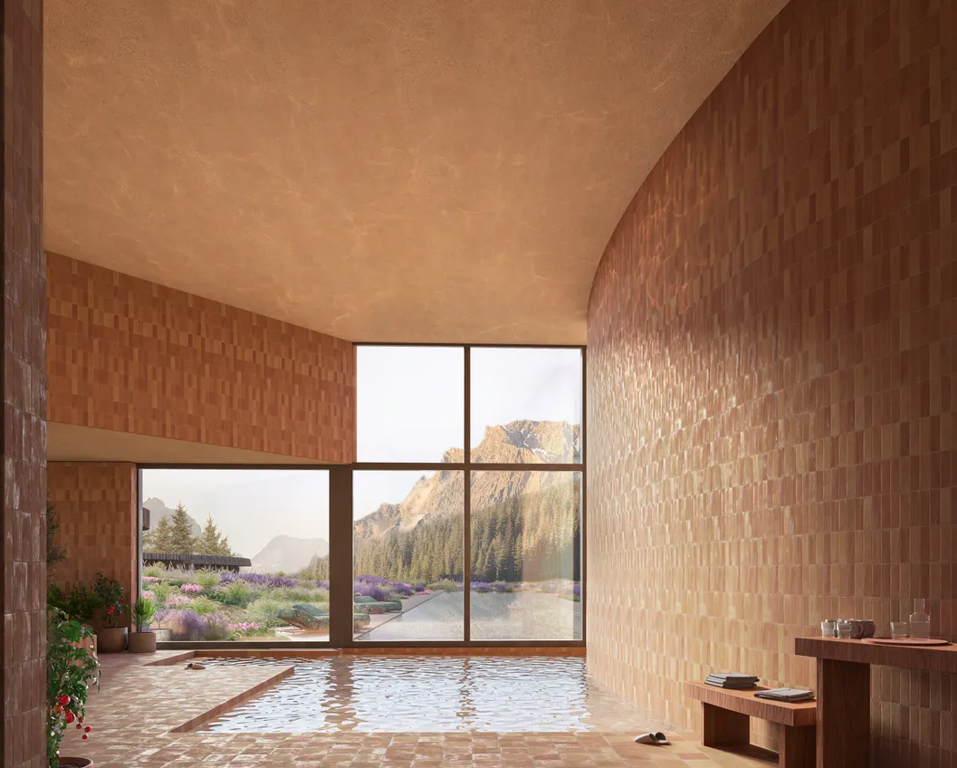 Architectural rendering: indoor pool with organic terracotta walls and lavender views