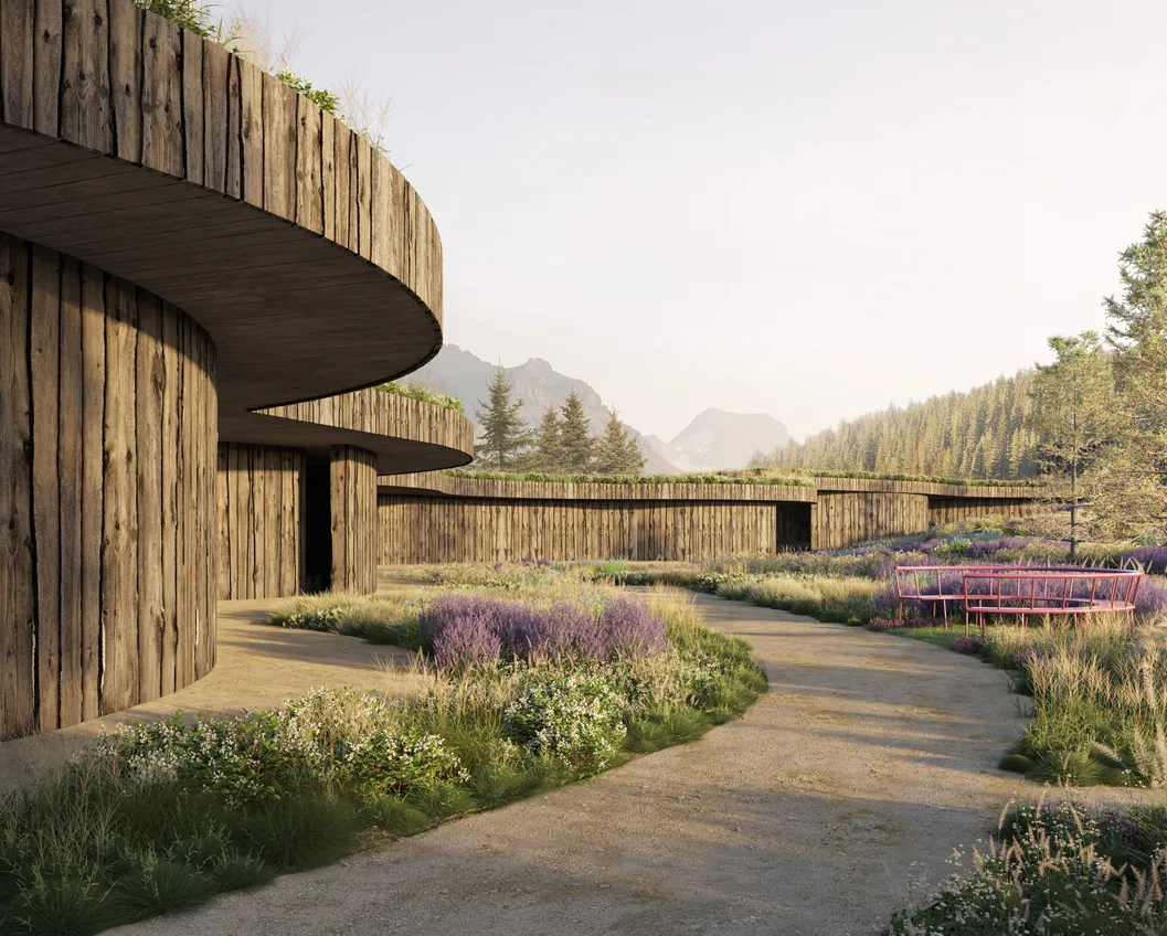 Architectural rendering: organic wooden building with a green roof in a Tyrolean meadow setting