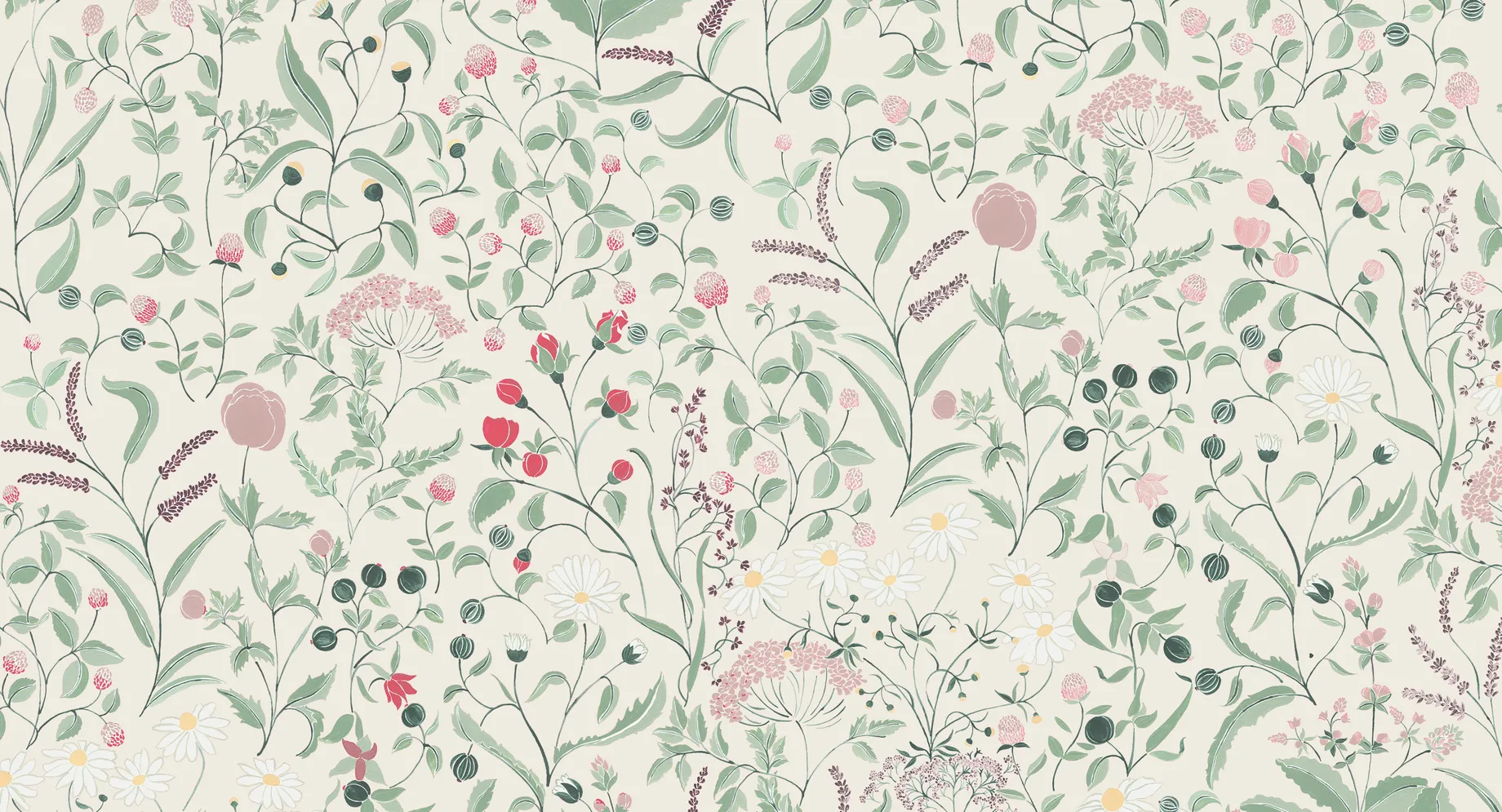 Botanisches Wildblumen-Textilmuster mit Gänseblümchen und Beeren auf Naturton