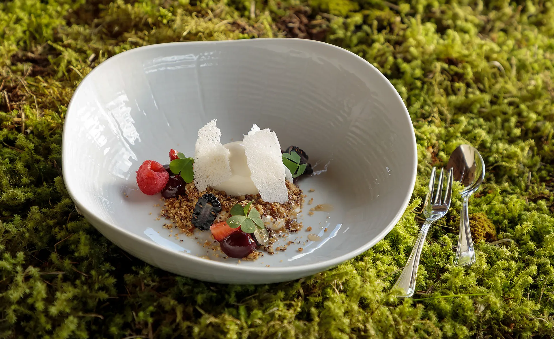 Gourmet-Dessertteller des Das Walters mit Eisbällchen, Beeren, Crumble und Waffel