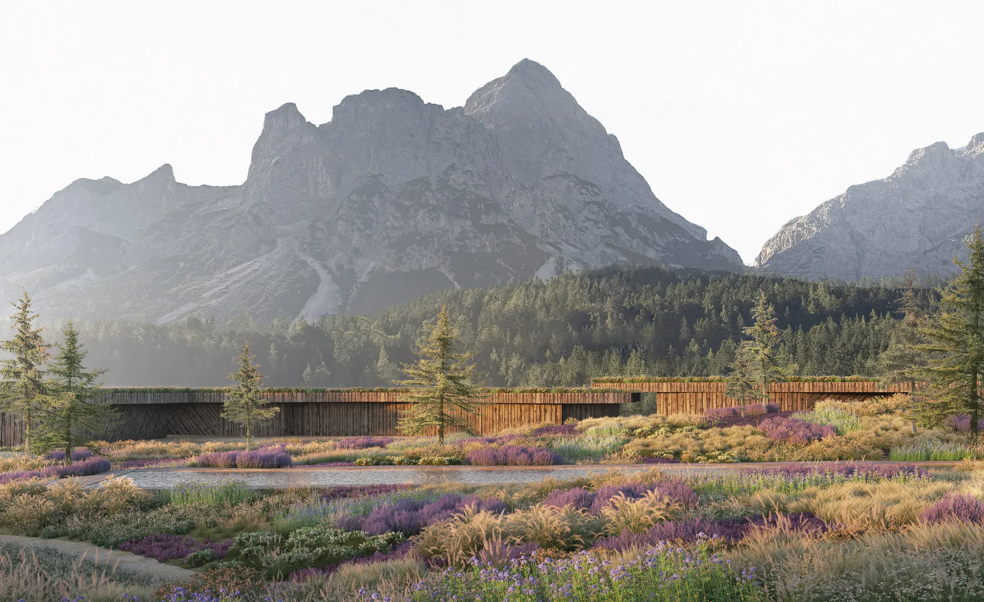 Architekturvisualisierung: Langgestreckter Holzbau in Wildblumenwiese unter Alpengipfeln