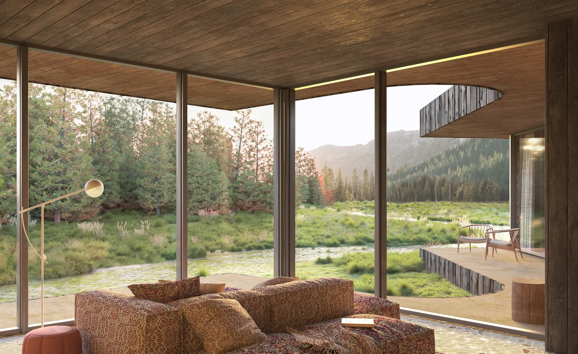 Architekturrendering: Eckwohnraum mit Panoramaverglasung auf Feuchtwiese und Chalet-Nachbar