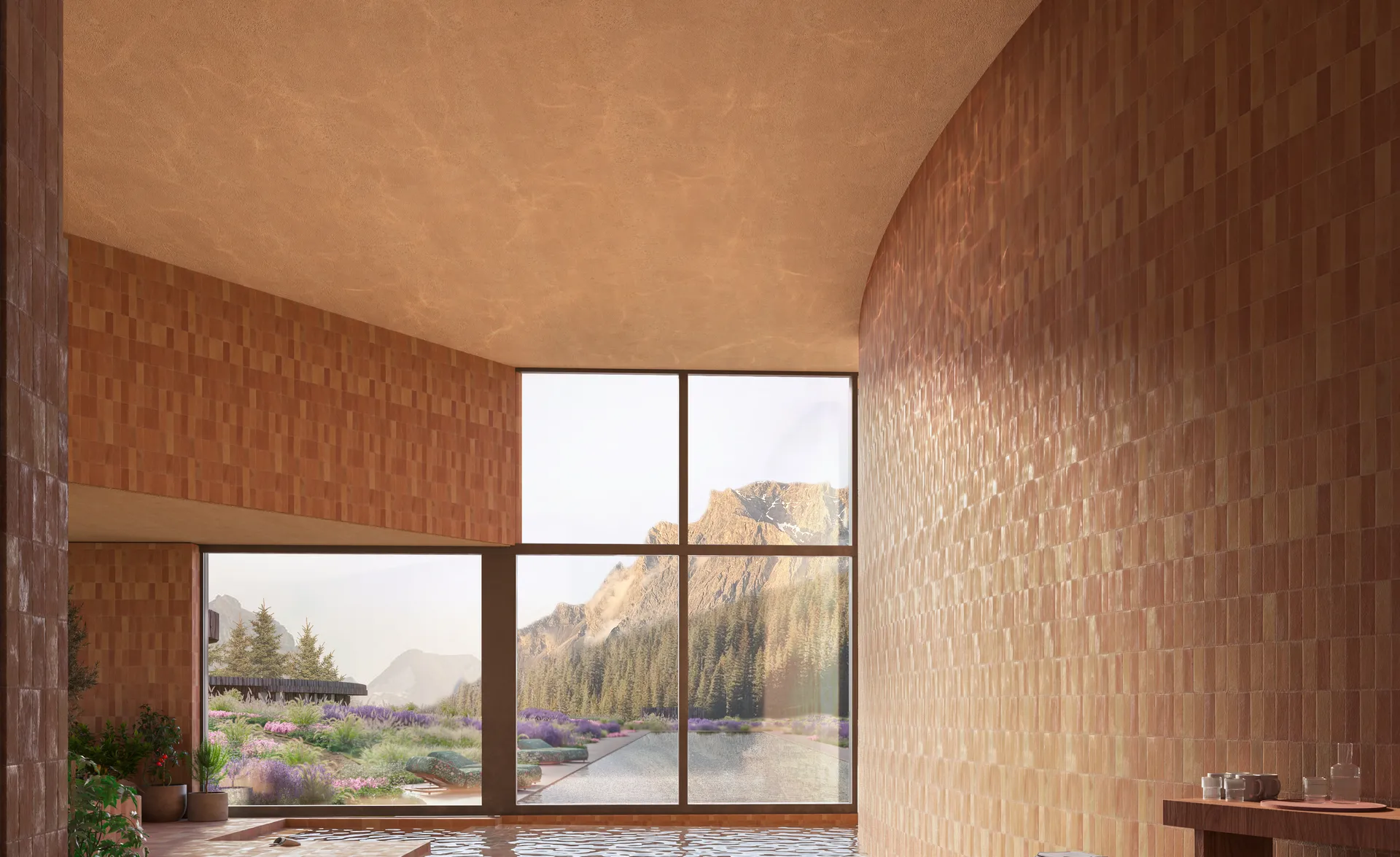 Architekturrendering: Indoor-Pool mit organisch geschwungenen Terrakottawänden und Lavendelblick