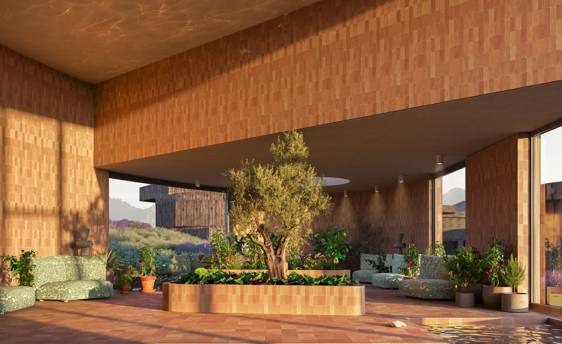 Architectural rendering: wellness spa lounge with indoor pool, olive tree and terracotta tiles