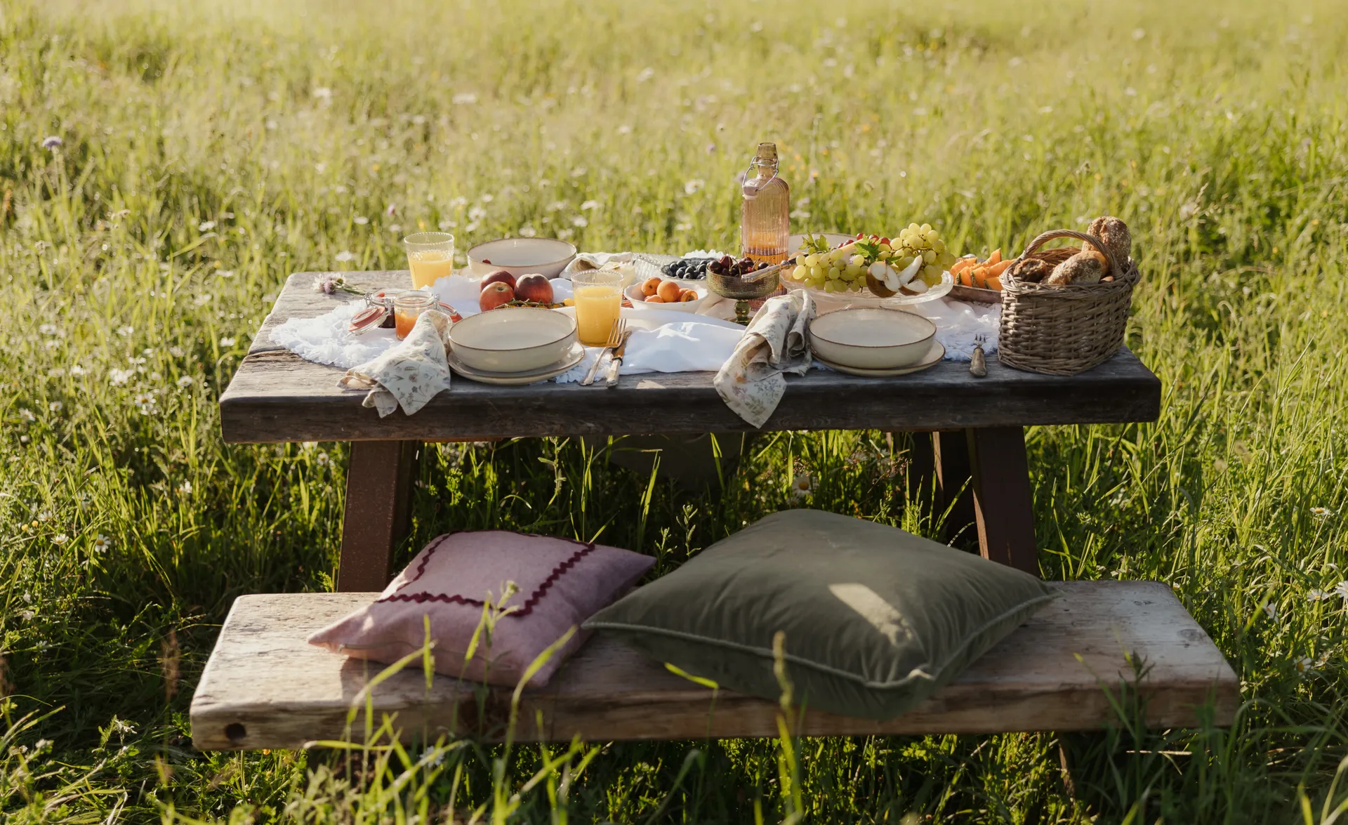 Rustikaler Picknicktisch auf Wiese mit Früchten, Brot, Saft und Samtkissen-Bank