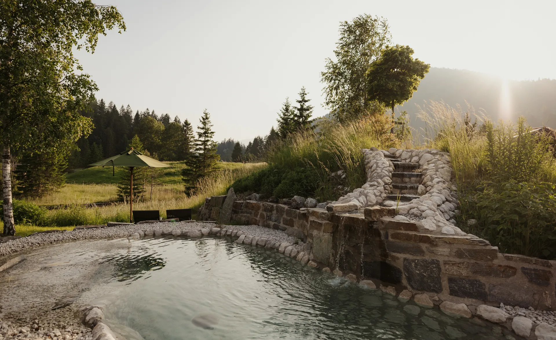 Natursteinteich mit Kaskaden-Wasserfall, Schilfgras und Birken im Sonnenuntergangslicht