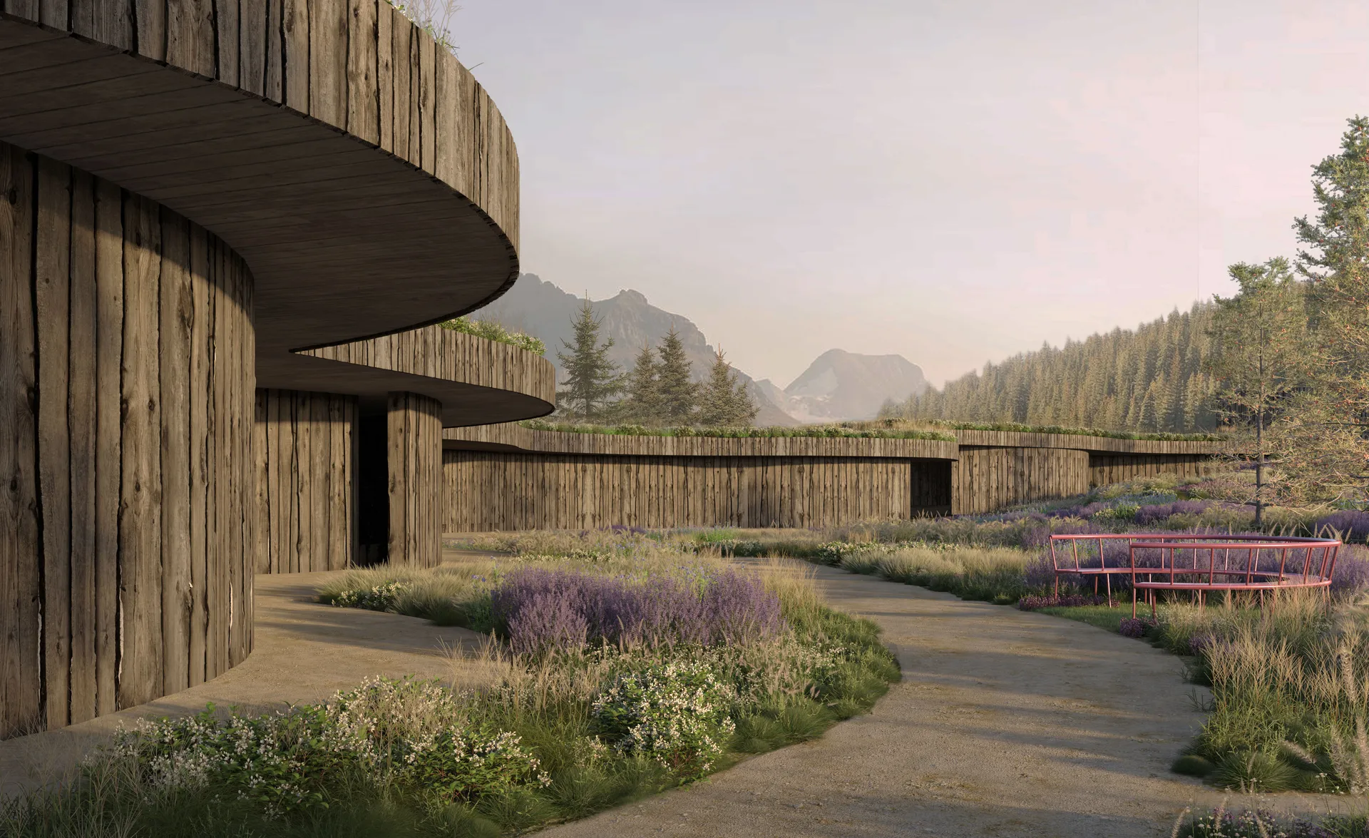 Architekturrendering: Geschwungene Holzfassade mit bepflanztem Dach und Lavendel-Kiesweg