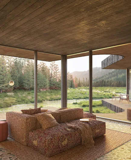 Architekturrendering: Eckwohnraum mit Panoramaverglasung auf Feuchtwiese und Chalet-Nachbar