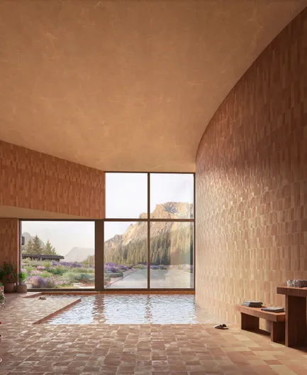 Architekturrendering: Indoor-Pool mit organisch geschwungenen Terrakottawänden und Lavendelblick