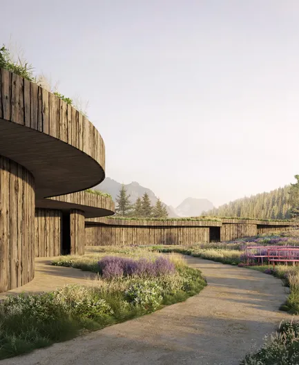 Architekturrendering: Gebogene Holzchalets mit Begrünungsdächern in Alpenwiese