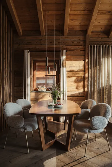 Esszimmer mit Altholzpaneelen, ovaler Holztisch, vier Bouclé-Sesseln und Schlichtstäbleuchte