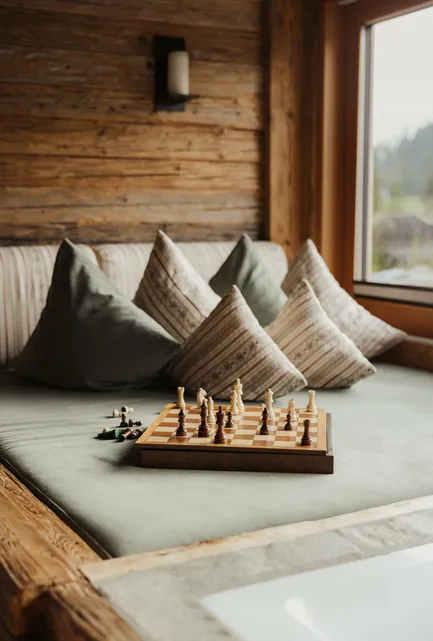 Holzschaachspiel auf Fensterliege mit Leinen- und Salbei-Kissen im Zirbenholz-Interieur