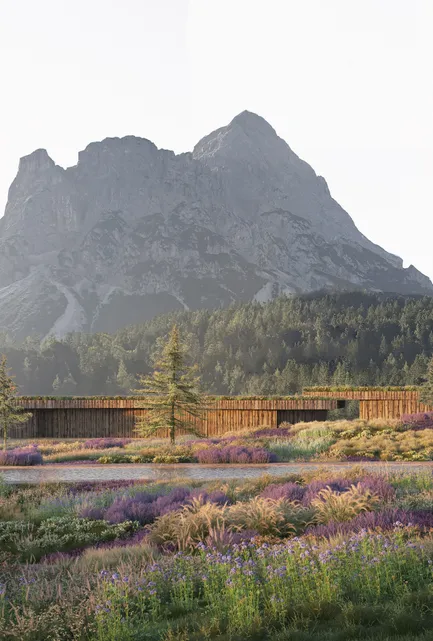 Architekturvisualisierung: Langgestreckter Holzbau in Wildblumenwiese unter Alpengipfeln