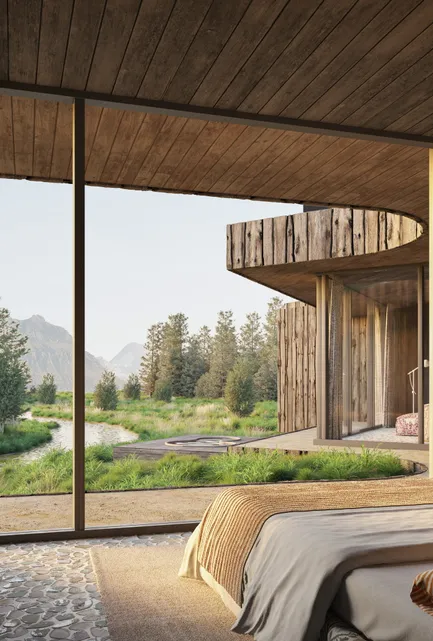 Architectural rendering: bedroom with panoramic window on a mountain stream and neighbouring chalet