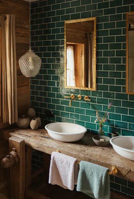 Chalet bathroom with emerald green subway tiles, gold-framed mirrors and wooden vanity