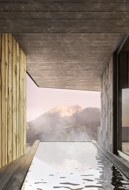 Architekturrendering: Minimalistisches Innen-Infinity-Pool-Foyer mit Holzwänden und Alpenpanorama
