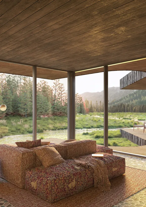 Architekturrendering: Eckwohnraum mit Panoramaverglasung auf Feuchtwiese und Chalet-Nachbar