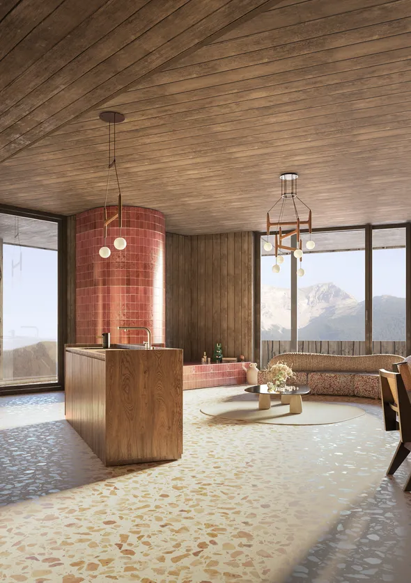 Architectural rendering: open chalet living space with terrazzo floors, brick chimney tower and mountain view