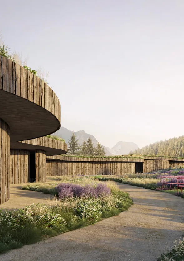 Architekturrendering: Gebogene Holzchalets mit Begrünungsdächern in Alpenwiese
