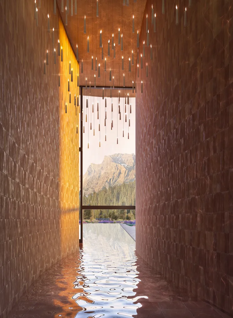 Architekturrendering: Terrakotta-Fliesengang mit Wasserreflexion-Boden und Bergblick