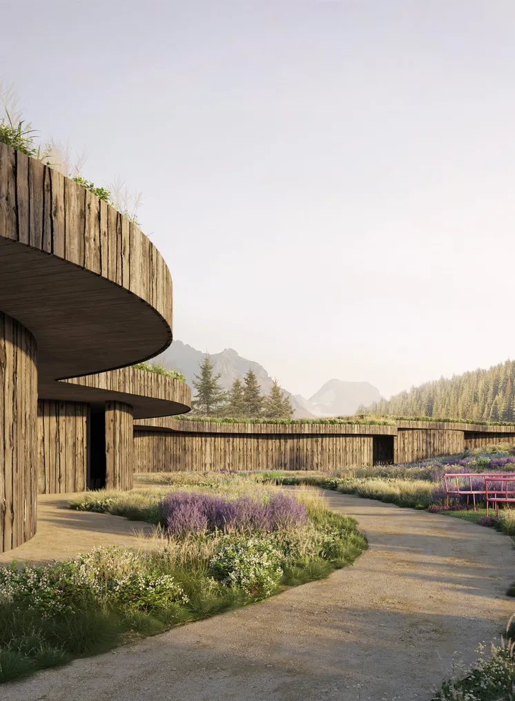 Architectural rendering: curved wooden chalets with green roofs in an alpine meadow