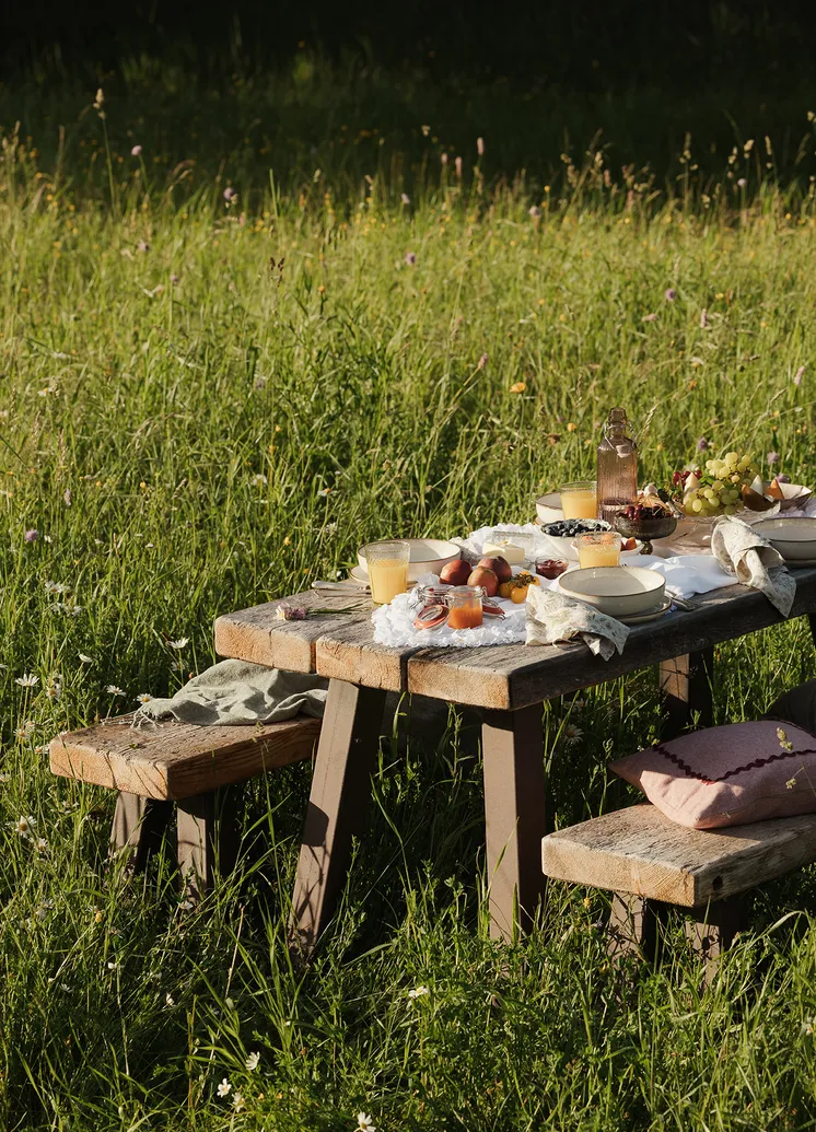 Rustikaler Picknicktisch in Gänseblümchenwiese für alfresco Frühstück im Freien