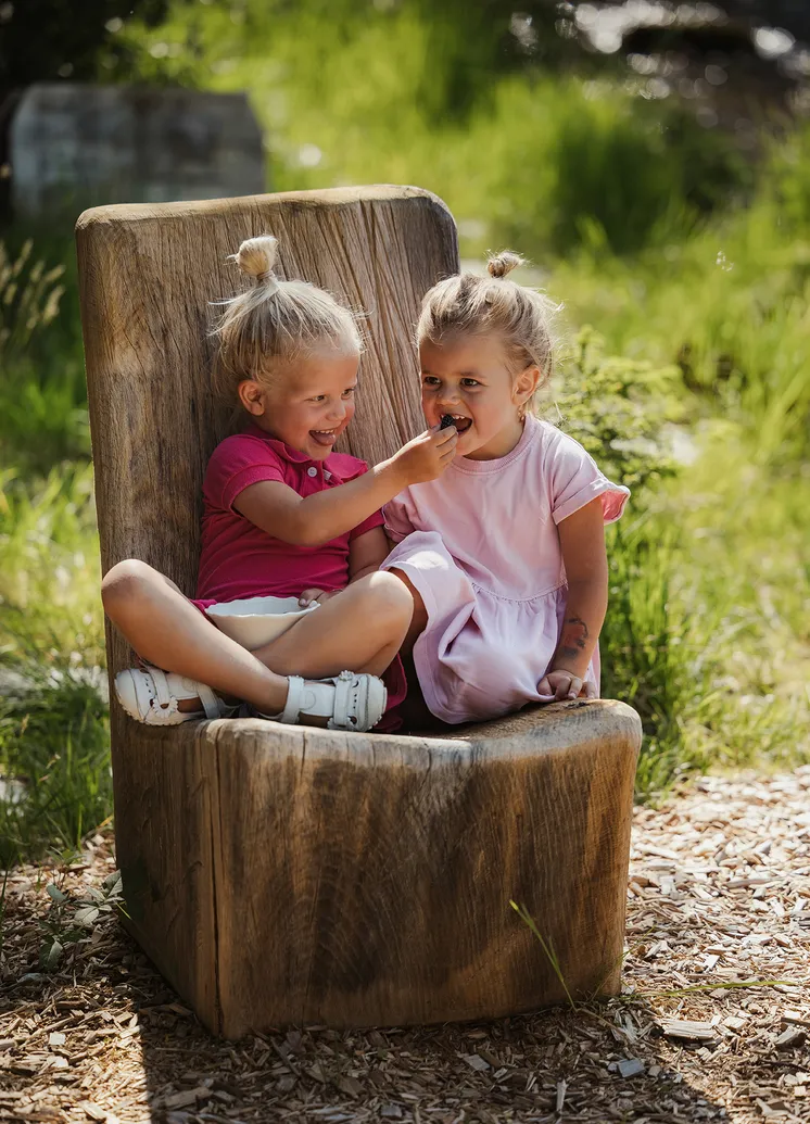 Zwei kleine Mädchen in rosa Kleidern sitzen auf Holzstuhl und füttern sich Beeren