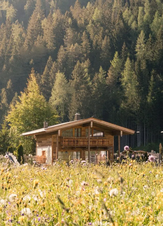 Zwei traditionelle Holzchalets mit Balkonen am Rand eines Tiroler Bergwaldmantels