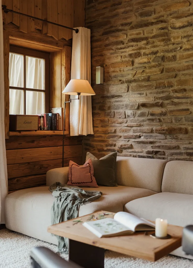 Leseruhezone mit Ecksofa an Bruchsteinwand, Schwenkarmleuchte und Büchern auf Fensterbank