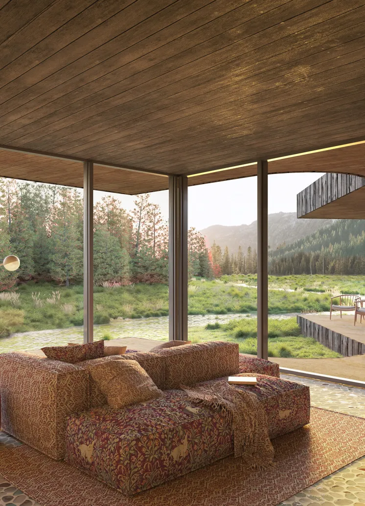 Architekturrendering: Eckwohnraum mit Panoramaverglasung auf Feuchtwiese und Chalet-Nachbar