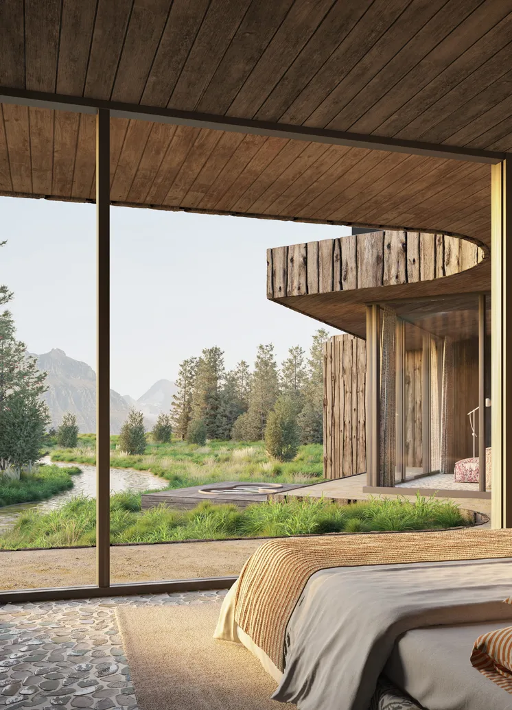 Architekturrendering: Schlafzimmer mit Panoramafenster auf Almbach und benachbartes Chalet