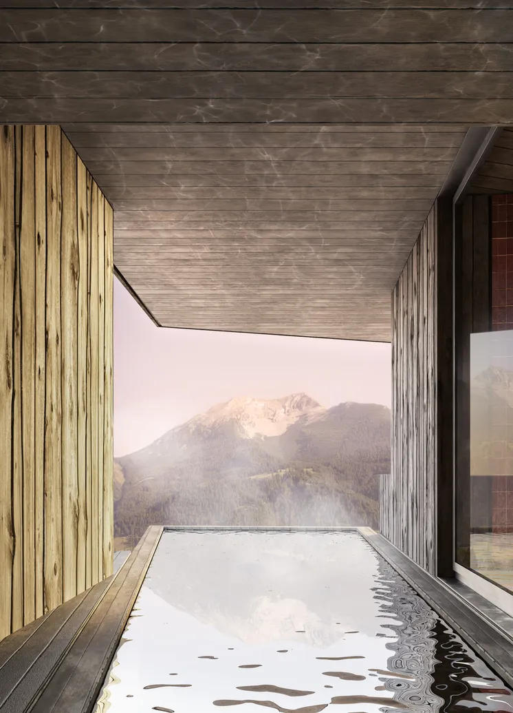 Architectural rendering: infinity pool interior with reclaimed wood walls and alpine panorama window