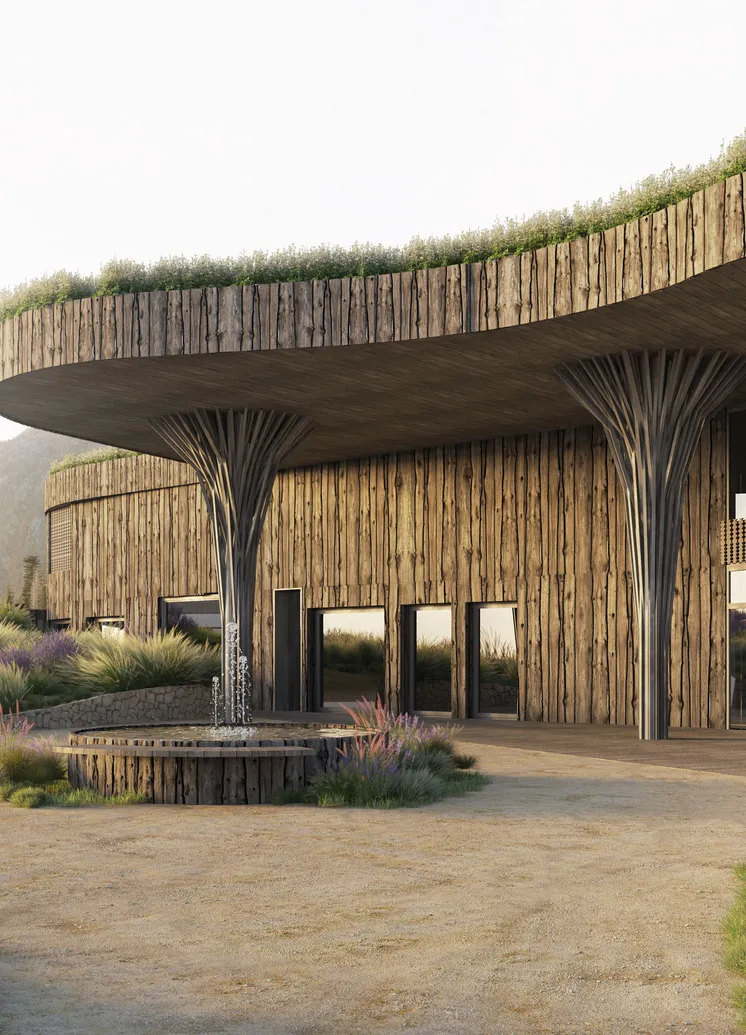 Architekturrendering: Baumförmige Stützen tragen gewelltes Gründach über Brunnenhof